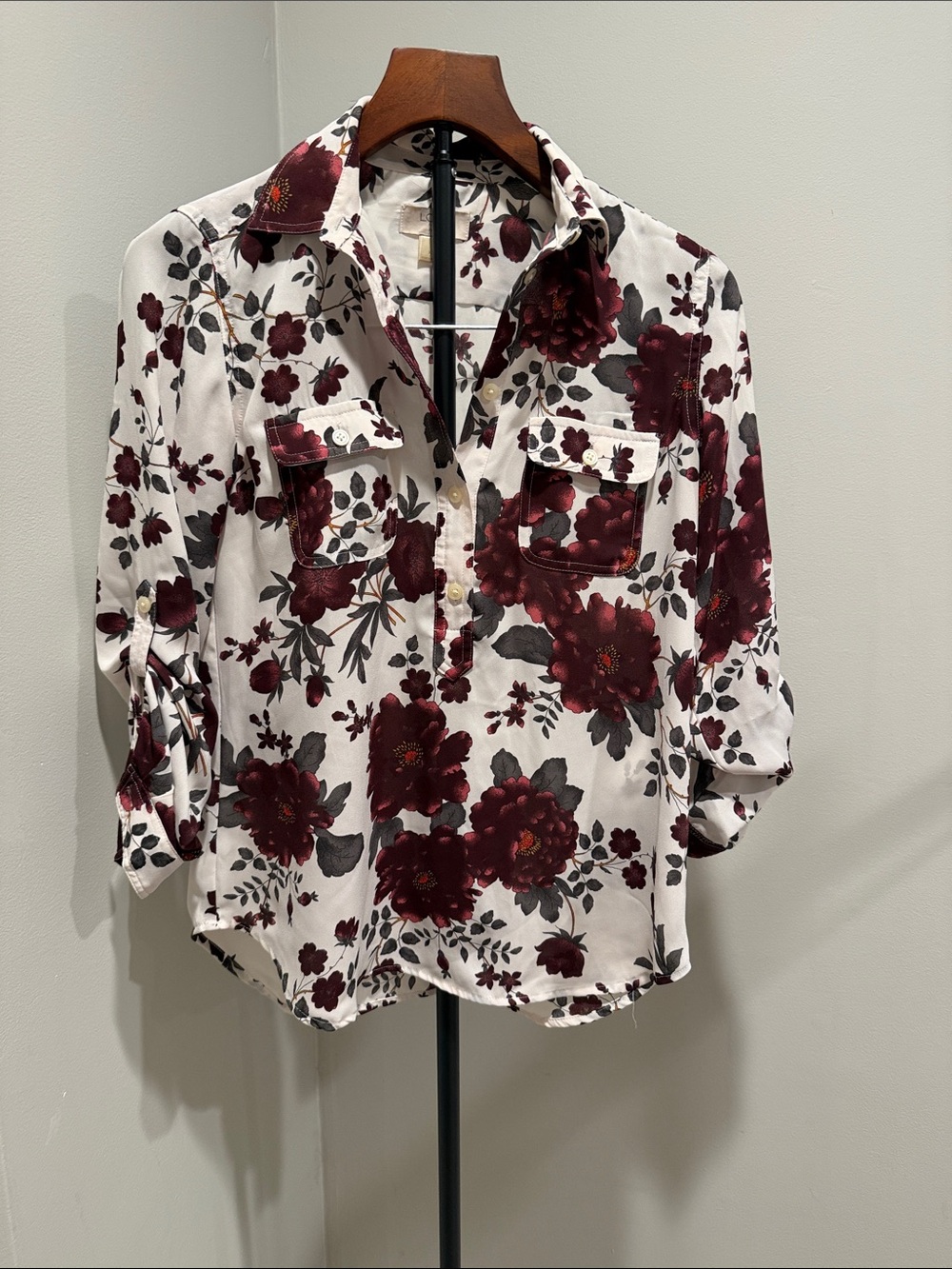 LOFT Extra small Petite White Button-Down Blouse with Burgundy Floral Print